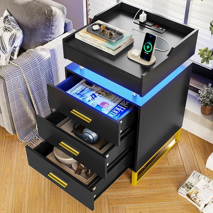 BTHFST LED Nightstand with Charging Station, Night Stand with 3 Drawers and 1 Pull-Out Tray, End Side Table with Storage, Bedside Table with LED Lights & Metal Legs, Black and Gold - Image 8