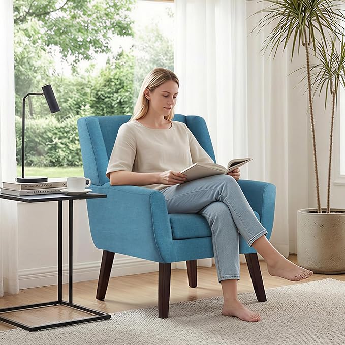 HUIMO Button-Tufted Accent Chairs,Upholstered Reading Living Room Chair,Mid Century Modern Chair with Linen Fabric, Club Chair,Comfy Arm Chairs for Living Room,Bedroom Lake Blue