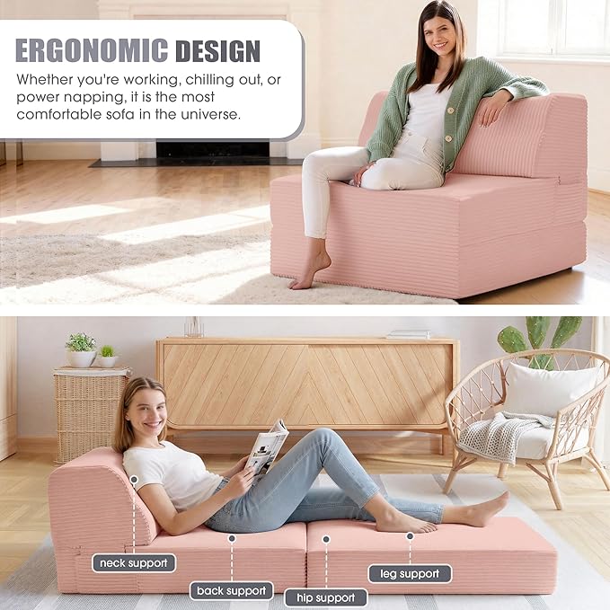 Folding Sofa Bed with Pillow, Memory Foam Fold Out Chair Bed, Convertible Sleeper Chair with Washable Cover, Futon Floor Couch for Living Room/Dorm/Guest Use/Home Office/Apartment,Pink