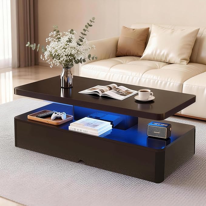 47" Modern Coffee Table with 16 Colors LED Lights, 2 Tier Rectangular Center Table with Large Storage Space, Stylish High Glossy Wooden Tea Tables for Living Room, Bedroom, Home Office, Black