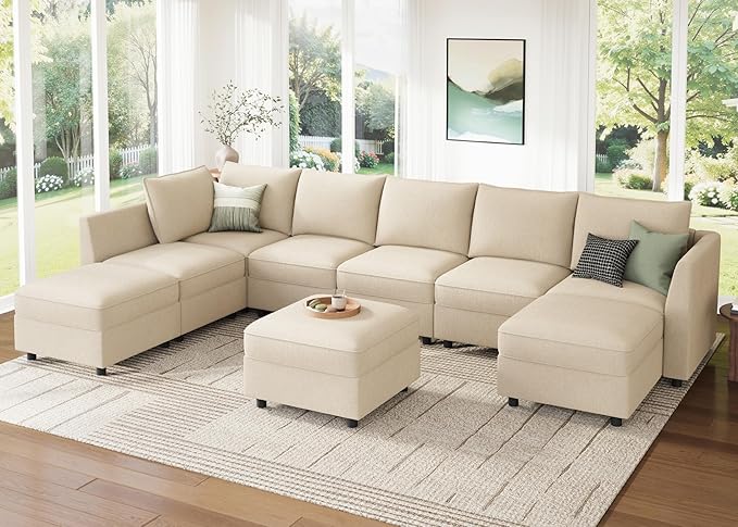 HONBAY Modular Sectional Sofa with Storage, U Shaped Couch Modular Convertible Sectional Couches for Living Room - Beige