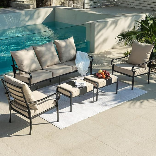 5 Piece Patio Furniture Set, Metal Patio Conversation Set with 1x3 Seater Sofa & 2xFixed Chairs & 2xOttomans, 5.75'' Extra Thick Cushion for Lawn Garden Backyard, Beige
