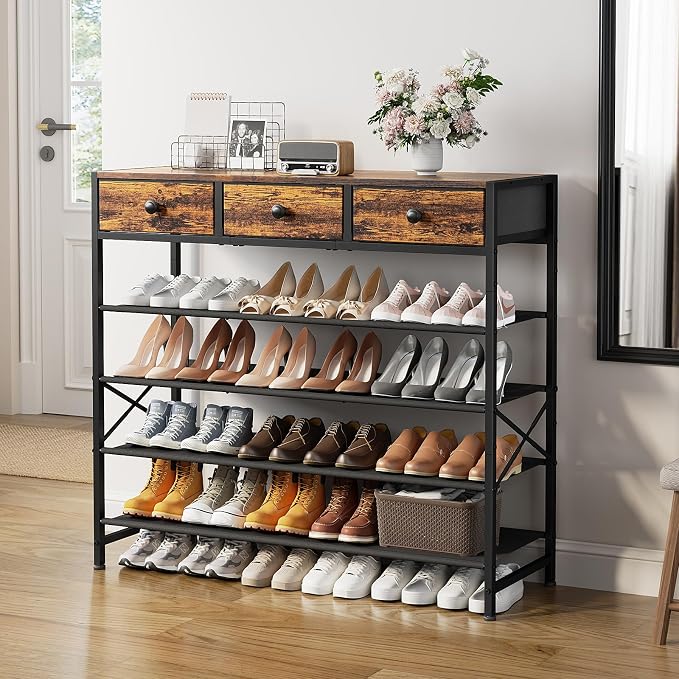 Shoe Rack, 5 Tier Shoe Organizer with 3 Drawers, Metal Shoe Storage for 24-30 Pairs of Shoes with Fabric Shelves and Wooden Top, Narrow Shoe Shelf for Closet Entryway Rustic Brown - Image 4
