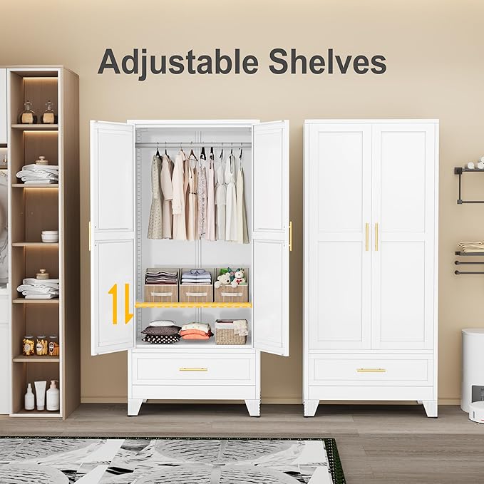 winiowa Metal Armoire Wardrobe Closet with Drawer, 71" Wardrobe Cabinet with Adjustable Shelves and Hanging Rod, Clothing Storage Cabinet Closet for Bedroom-White