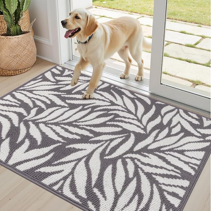 Ileading Indoor Door Mat 32"x48" Absorbent Dog Muddy Paws Mat Low-Profile Entrance Leaves Runner Rug with Non-Slip Rubber Backing Machine Washable Inside Welcome Mat for Hallway,Kitchen(Grey) by Ileading