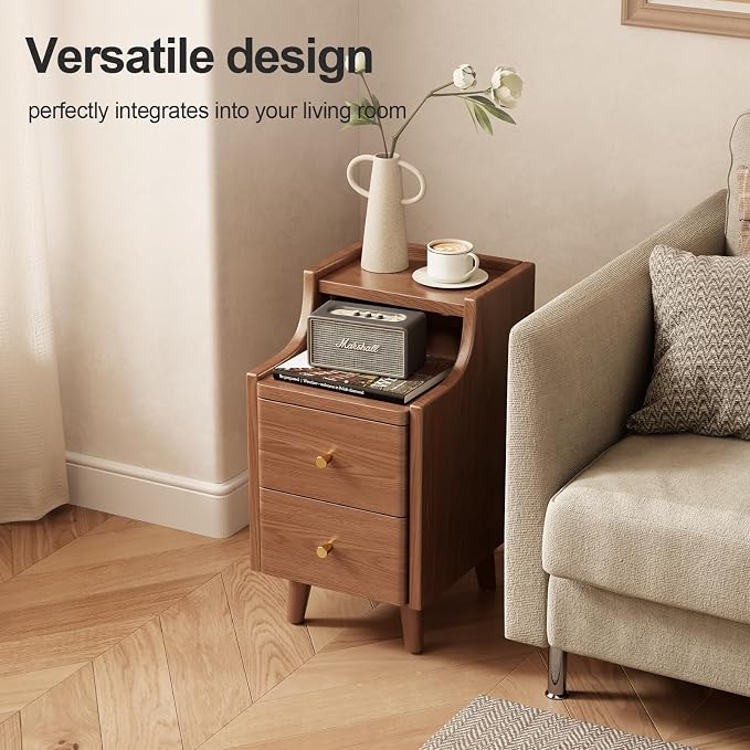 Narrow Nightstand with 2 Drawers,Walnut Nightstand,Bedside Table,Solid Wood Modern Bedside Table for Bedroom,Study,Toilet - Image 7