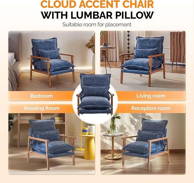 VINGLI Mid-Century Modern Cloud Accent Armchair with Lumbar Pillow, 6.3'' Thick Seat Cushion Comfy Reading Chair with Wooden Armrests，Boho Lounge Chair for Bedroom, Living Room, Chenille, Gray-Blue