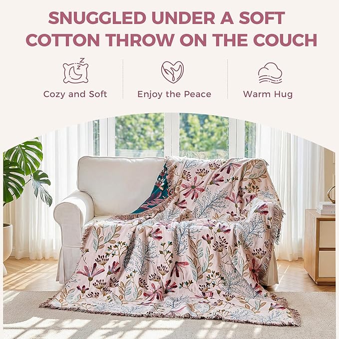 LUTBM Boho Throw Blanket for Bed Cotton Spring Blankets Bedroom Living Room Twin All Season Lightweight Floral Embroidery Quilt for Couch Sofa Chair 60"x80"