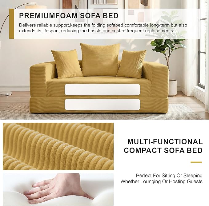 Casaphoria 67'' Sleeper Sofa for Small Spaces,Convertible Foldable Couch Bed with Armrests,Space Saving Guest Bed for Apartments,Dorms,Living Room(Yellow)