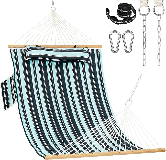Lazy Daze Hammocks 2 Person Double Quilted Fabric Hammock with Spreader Bar, Detachable Pillow, Side Pocket, Carabiners, Chains, Straps for Outdoor, 450lbs Capacity, Aqua Navy by LazyDazeHammocks