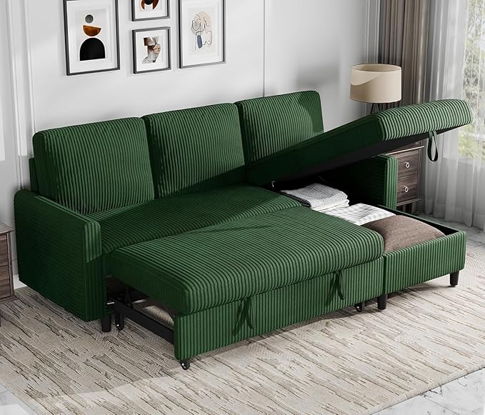 Shintenchi Futon Sofa Bed Convertible Couches L Shaped, 4‑in‑1 Sectional Sleeper Sofa Pull Out Couches for Living Room, Multifunctional Couch with Storage Chaise Corduroy Fabric, Green