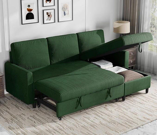 Shintenchi Futon Sofa Bed Convertible Couches L Shaped, 4‑in‑1 Sectional Sleeper Sofa Pull Out Couches for Living Room, Multifunctional Couch with Storage Chaise Corduroy Fabric, Green