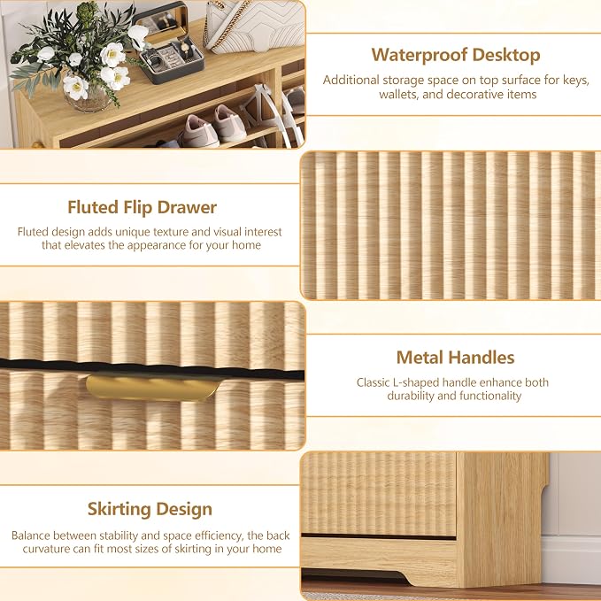 HUANLEGO Shoe Cabinet Storage for Entryway with 3 Flip Drawers, Oak Fluted Shoe Cabinet with Adjustable Shelves, Wooden Hidden Shoe Rack Freestanding Narrow Slim Shoes Storage for Hallway, Entrance - Image 4