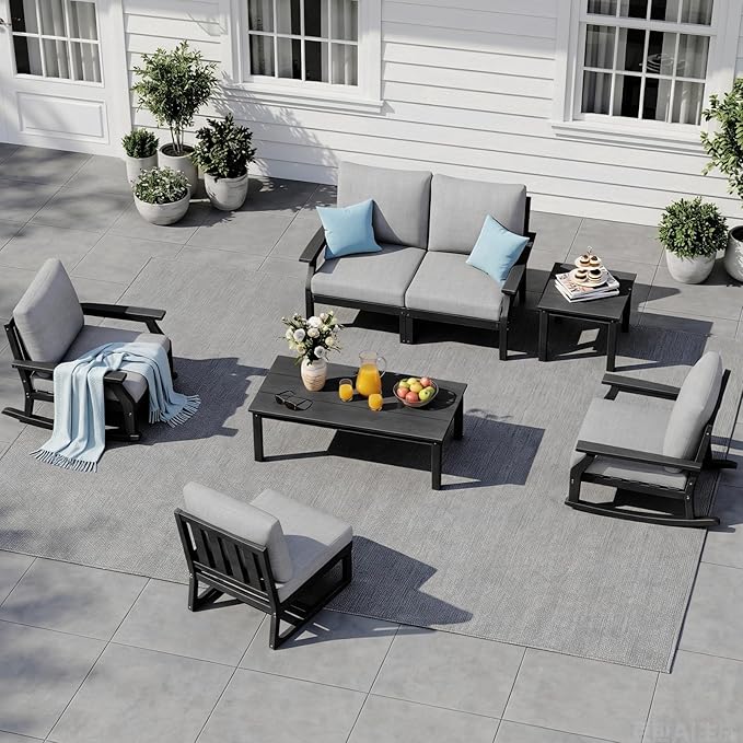 HDPE Patio Conversation Set, 7-Piece All Weather Outdoor Furniture Set with 2 Single Rocking Armchairs for Deck, Lawn, with Cushion, Black