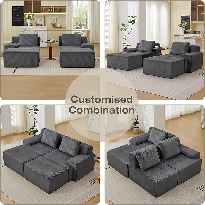 Boneless Couches for Living Room, Corduroy Couch, Modular Sectional Sofa, Big Comfy Couch, Modular Cloud Sofa with Deep Seat, Sofabed (Grey, 4 Pieces-Bedshape)