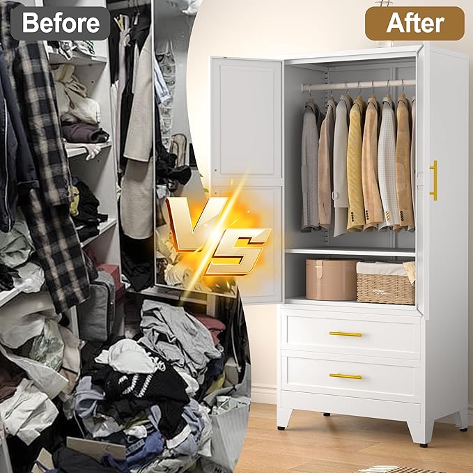 Metal Armoire Wardrobe Closet Storage Cabinet with 2 Doors White, 71'' Wardrobe Cabinet with Hanging Rod Metal Closet with Adjustable Shelf and 2 Drawers for Bedroom, Laundry Room, Cloak Room