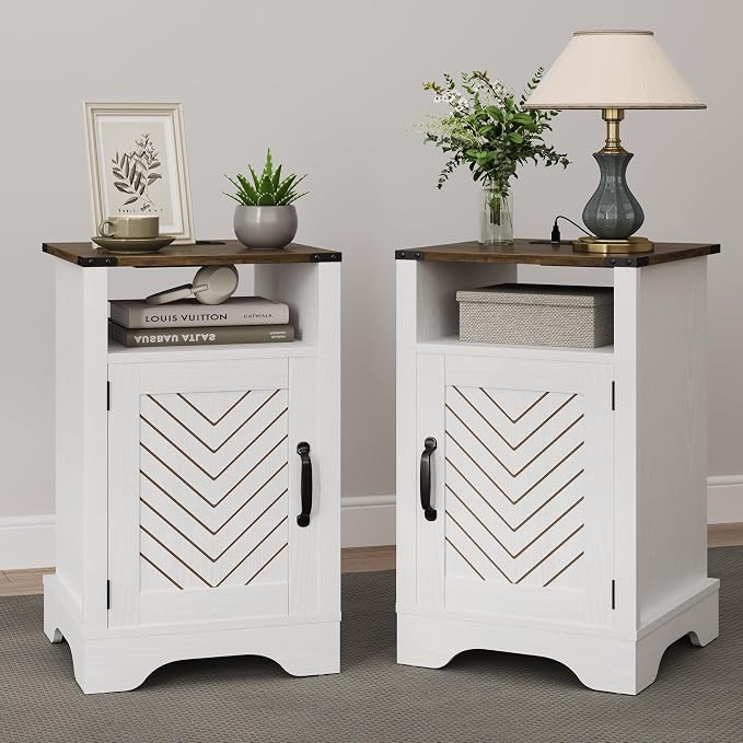 RoyalCraft Farmhouse Nightstand Set of 2, End Table with Charging Station, Tall Bedside Table with Large Storage and Shelf, Wooden Side Table with for Bedroom, Home Office, White and Rustic Oak by Bringyoubetterlife