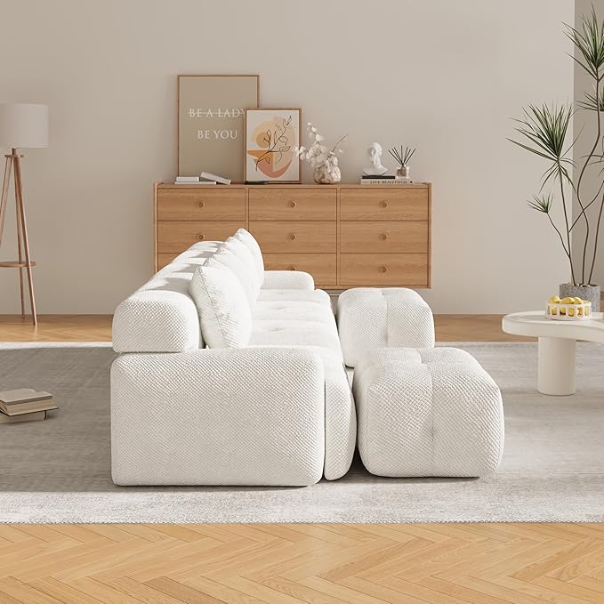 135" U-Shaped Compressed Sectional Cloud Sofa, Flannel Upholstered Modular Tufted Sofa with 6 Pieces, Symmetrical Boneless Foam Modular Cloud Couches for Living Room