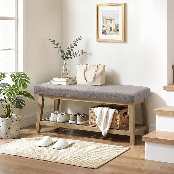 Entryway Bench with Cushion, Upholstered Shoe Rack Bench with Solid Wood Shelf, 44" End of Bed Bench for Bedroom, Chenille Fabric Storage Bench for Entryway, Hallway, Living Room (Grey) by Unknown
