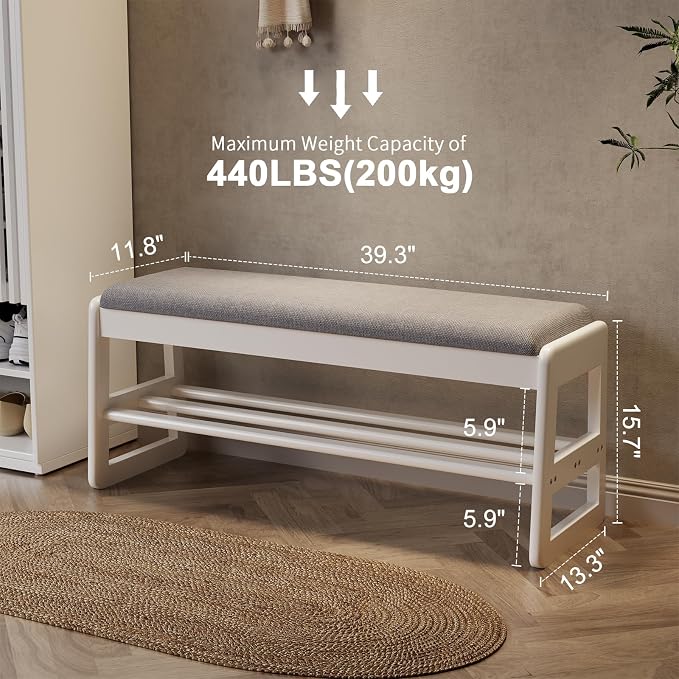 AQIMUELE Shoe Rack Bench,2 Tiers Shoe Bench with Storage with Flip-Top,Wood Shoe Rack for Entryway,Hallway（White Upholstered Seat,11.8" D x 39.3" W x 15.7" H） - Image 3