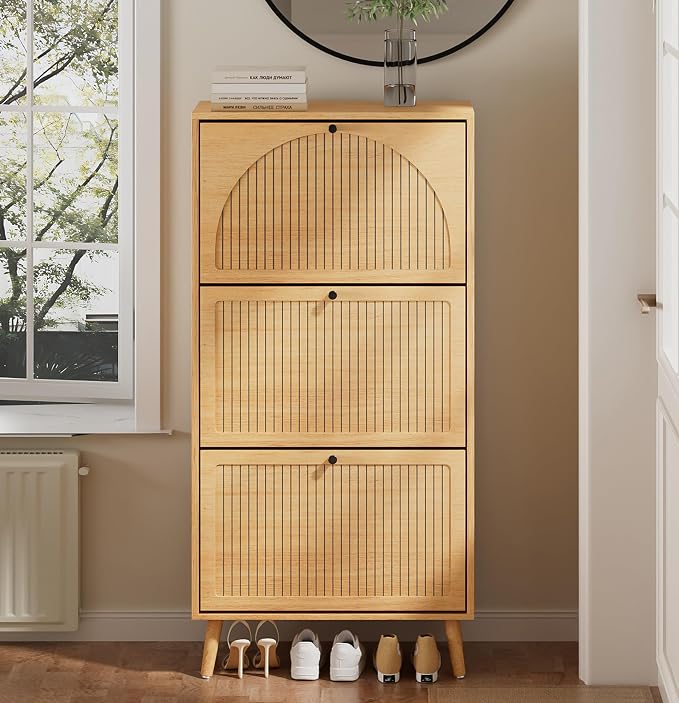 Fsbecl Shoe Storage Cabinet for Entryway with 3 Flip Drawers, Narrow Shoe Organizer with Fluted Panel, Freestanding Wood Hidden Shoe Cabinet for Hallway (Wood Color, 23.6''W, Double Layer) by Fsbecl