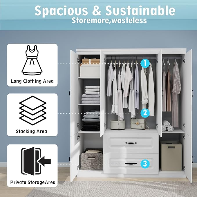 Wooden Armoire Wardrobe Closet：Modern Armoire Wardrobe Closet with 4 Doors, 2 Drawers and Hanging Rods for Tall Cabinet, Large Capacity Clothes Storage Cabinet for Bedroom Home, White
