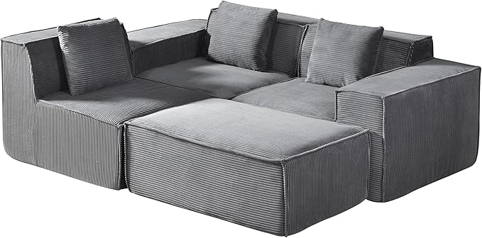 Rowan Convertible Corduroy Sectional Couch with Ottoman & Pillows, Modular L Shaped Sleeper Sofa, Boneless Cloud Couch for Living Room Furniture, Dark Grey