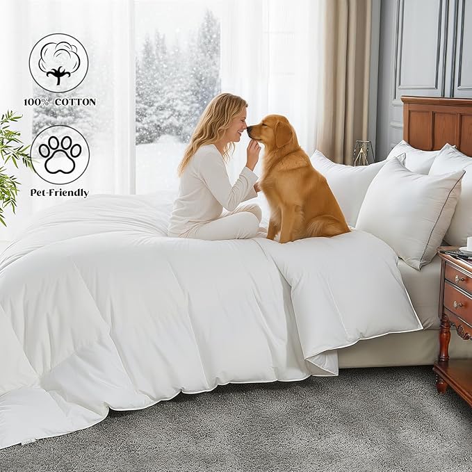 Goose Feather Comforter California King Size, 100% Cotton Duvet Insert All Season White Bed Comforter Quilted with 8 Loops Hotel Luxury Fluffy Duvet Insert, 104 x 96 Inch, Machine Washable