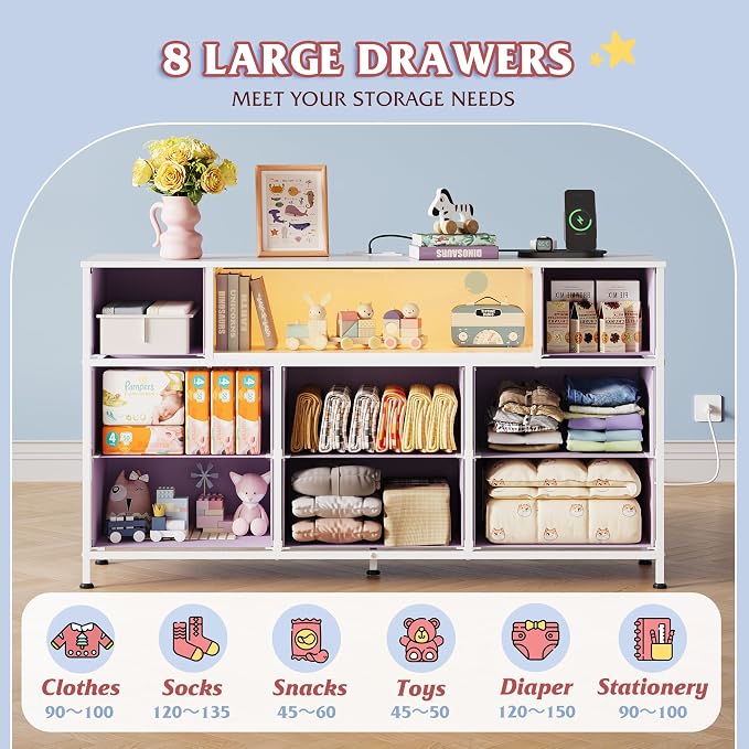 WLIVE Purple Dresser TV Stand for 45, 50, 55 inch TV, Entertainment Center with LED Lights & Charging Station, Chest of Drawers with 8 Fabric Drawers and Open Shelves for Living Room, Hallway - Image 4