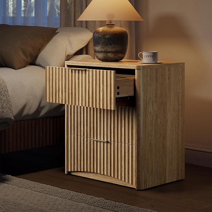 Evermagin Fluted Nightstand, Natural Oak Bedside Table with 3 Drawers, Wood End Table with Storage Mid Century Modern, Large Night Stand for Bedroom - Image 4