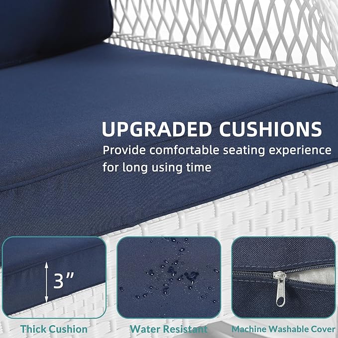 MEETWARM 5 Pieces Outdoor Patio Rattan Furniture Sets, All Weather Patio Wicker Conversation Set - 2 Rocking Swivel Chairs 1 Rattan Loveseat Glider with Cushions, 2 Coffee Table, White Wicker/Navy
