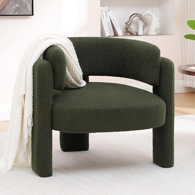 Accent Chairs Set of 2, Modern Sherpa Barrel Chairs, Upholstered Living Room Chairs with 3 Legs, Comfy Armchair Reading Side Chair for Bedroom, Office, Apartment, Green
