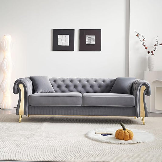 KEIKI 89" Chesterfield Velvet Button Tufted Sofa with High Density Foam Cushions and 2 Toss Pillows, Modern Style 3-Seater Couch with 4 Gold Metal Leg, Easy Assembly, for Living Room, Apartment, Grey