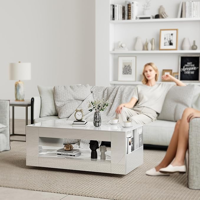 Glossy Coffee Table with Open Shelf Storage - High Gloss Modern Cocktail Table for Living Room, Bedroom, Office