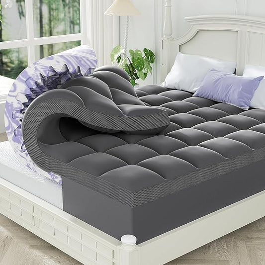 ChiXpace Dual Layer Memory Foam Twin XL Mattress Topper - 3 Inch Cooling Pillow Top Cover Rayon and 2 Inch Gel Egg Crate Foam, Twin XL Extra Long College Dorm Room Essentials (Grey)