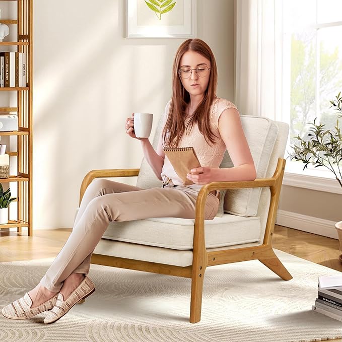 COLAMY Modern Accent Chair with with Solid Wood Frame, Mid Century Reading Leisure Armchair Lumbar Pillow& Soft Cushion, Relaxing Chair for Living Room,Bedroom,Waiting Room（Beige）