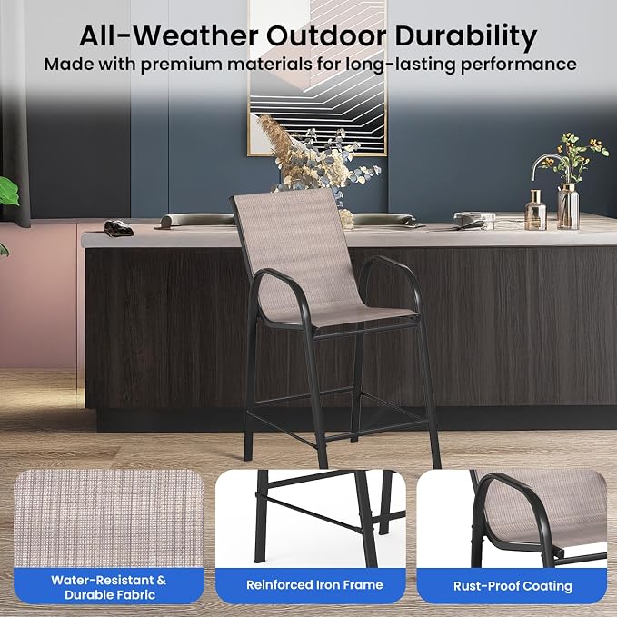 HOMREST Outdoor Bar Height Stools Set of 6,High Back Patio Chairs with Armrests,Textilene Chairs with Breathable Fabric & Metal Frame for All Weather,Taupe - Image 5