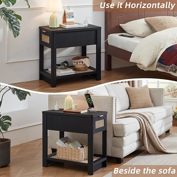 Lerliuo Narrow Night Stand with Charging Station, Boho Nightstand with Drawer, Bed Side End Table with Rattan Shelf for Small Spaces, Wood Nightstands Bedside Tables for Living Room Bedroom - Image 6