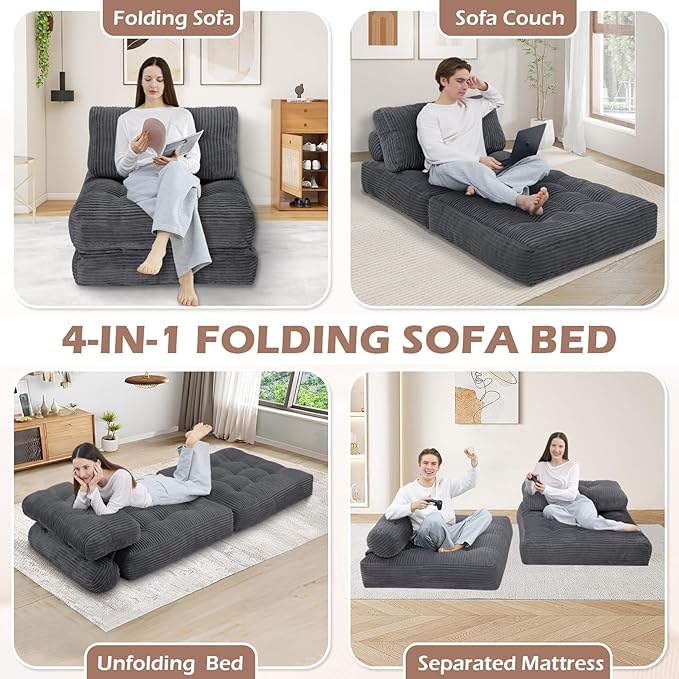 Folding Sofa Bed, Convertible Sleeper Chair with Pillow & Handle, Foldable Mattress Futon Chair Bed Lounge with Back Support, Comfy Floor Sofa for Living Room Bedroom, Grey, Single