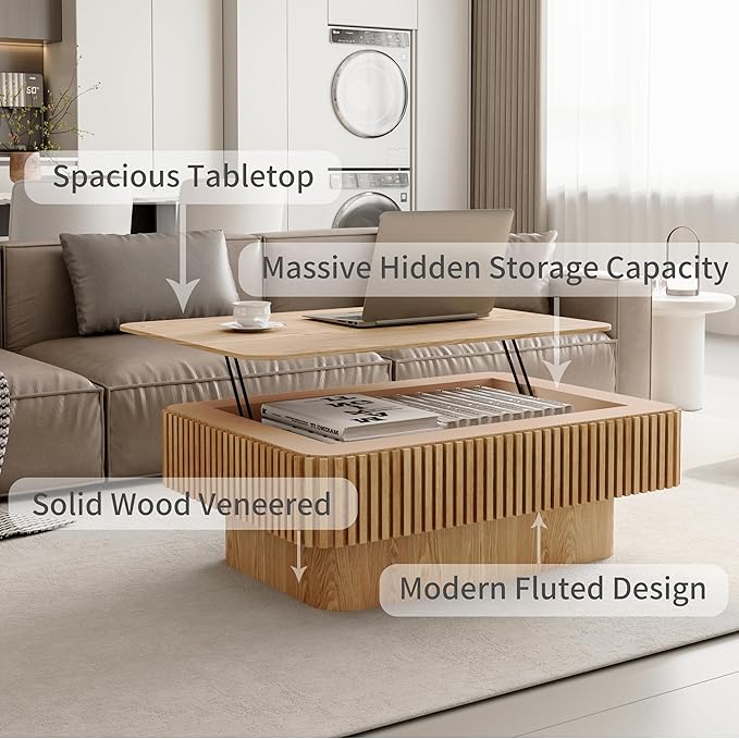Rectangle Lift Top Coffee Table for Living Room Smart Coffee Tables with Lifting Top Modern Coffee Table with Storage for Apartment Office 38.6" Oak