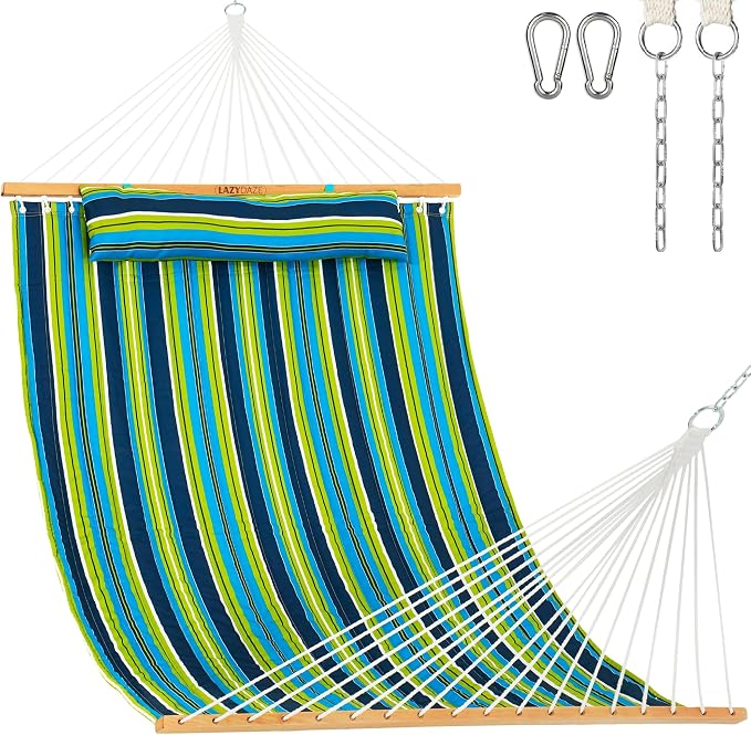 Lazy Daze Hammocks 12 FT Quilted Fabric Double Hammock with Spreader Bars and Detachable Pillow, 450lbs Weight Capacity, Blue Green Stripes by LazyDazeHammocks