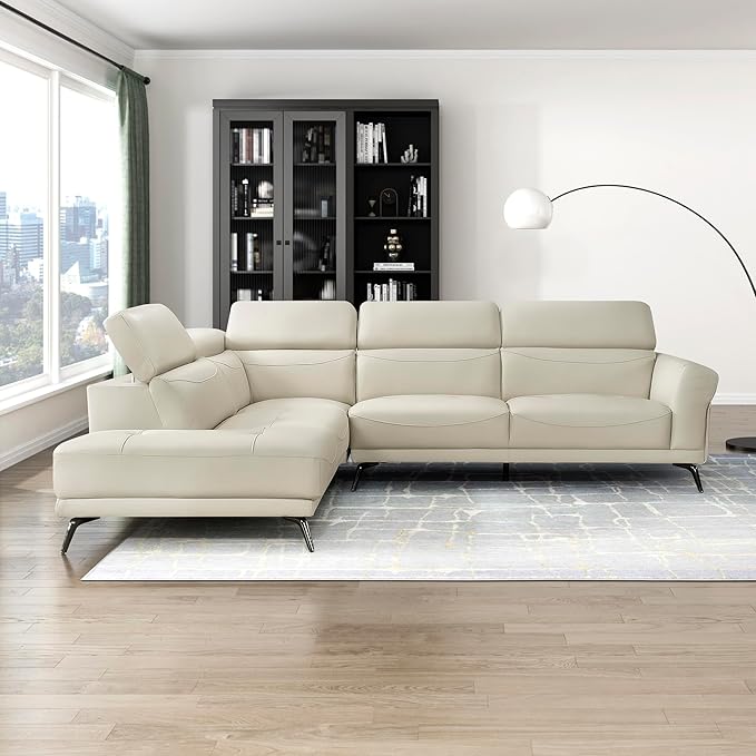 Lexicon L-Shaped Sectional Couch with Left Chaise, Top Grain Leather Match Sectional Sofa, Adjustable Headrests, Black Chrome Metal Legs, High-Density Cushions, Stitching, for Living Room, Beige
