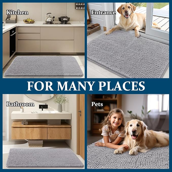 OLANLY Dog Door Mat for Muddy Paws 35x24, Absorbs Moisture and Dirt, Absorbent Non-Slip Washable Doormat, Quick Dry Chenille Mud Mat for Dogs, Entry Indoor Entryway Carpet for Inside Floor, Light Grey - Image 8