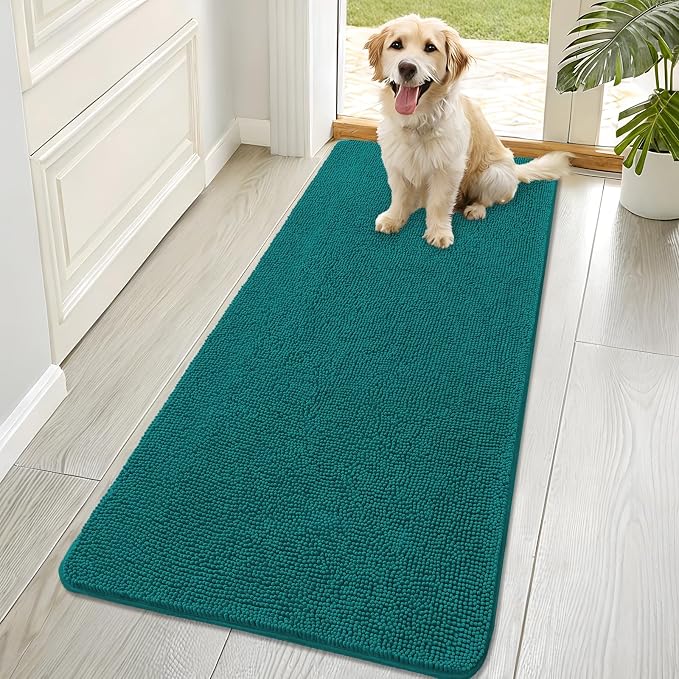 OLANLY Dog Door Mat for Muddy Paws 70x32, Absorbs Moisture and Dirt, Absorbent Non-Slip Washable Doormat, Quick Dry Chenille Mud Mat for Dogs, Entry Indoor Entryway Carpet for Inside Floor, Lake Blue by OLANLY