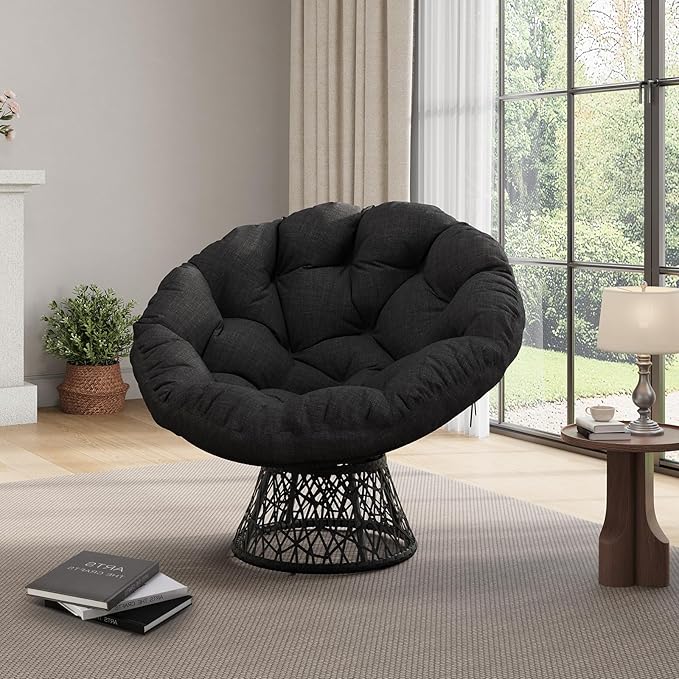 Garvee Papasan Chair, 37" Ergonomic Wicker Papasan Chair with Extra-Thick Soft Fabric Cushion, Heavy-Duty Steel Frame, 360° Swivel Base for Living Room, Bedroom & Reading Nook – All Black
