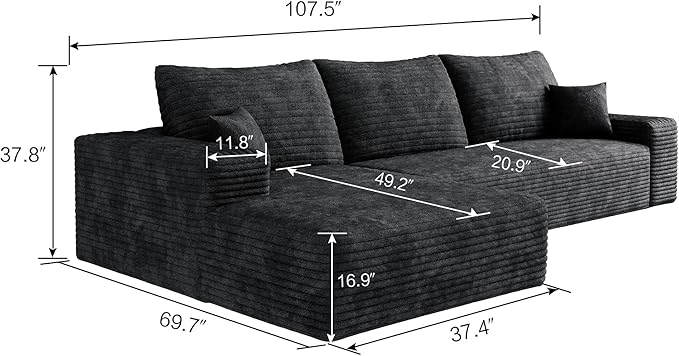 107 inch Cloud Sectional Couch Boneless Sofa in a Box for Living Room, Foam Floor Modular Sectional Sofa w/Deep Seat, Fluffy Corduroy Upholstered Couch with L-Shaped Chaise