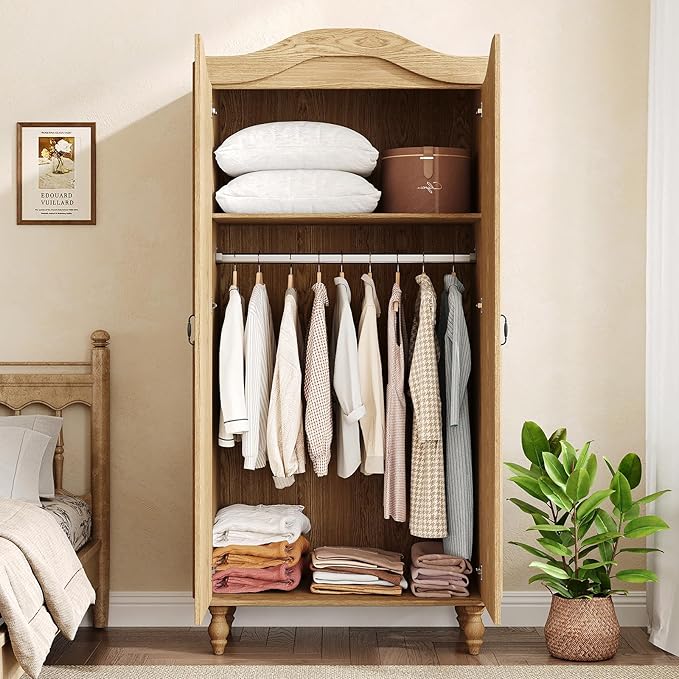 Arched Armoire Wardrobe Closet with 2 Doors, 71" H Wooden Wardrobe Cabinet with Hanging Rod and Shelves, Freestanding Armoire Storage Cabinet for Bedroom, Cloak Room, Natural