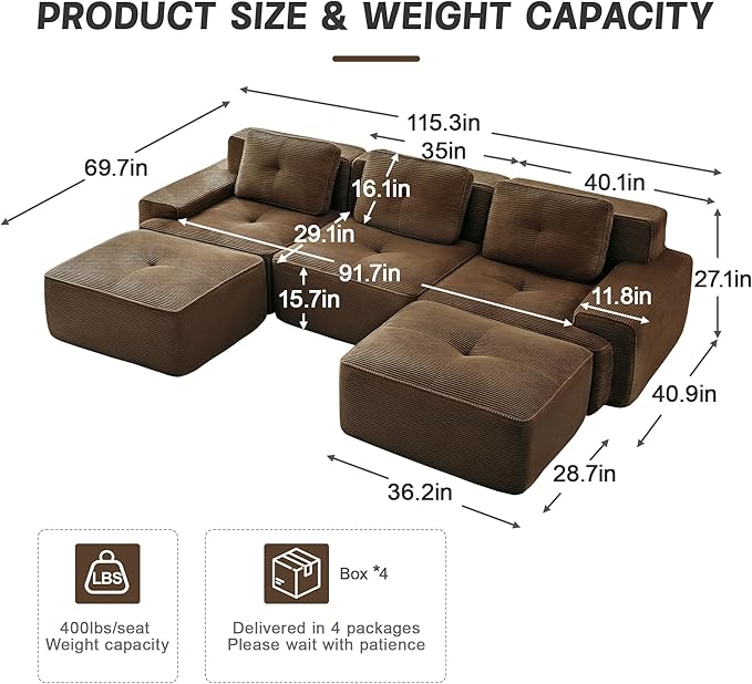 Casaphoria 115'' Brown Modular Sofa Set, 3-Seat U-Shaped Corduroy Couch with 2 Ottomans for Large Living Room No Assembly Required Deep Seat Sectional Couch