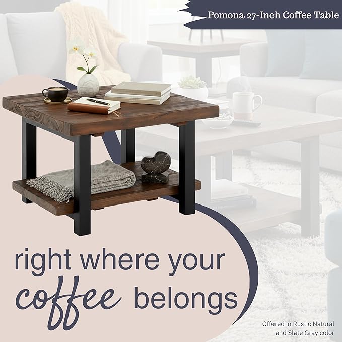 Alaterre Furniture Pomona Living Room Tables – 27 Inch Square Solid Wood Coffee Table with Metal Legs – Modern Farmhouse Rustic Small Space Table (Rustic Brown)