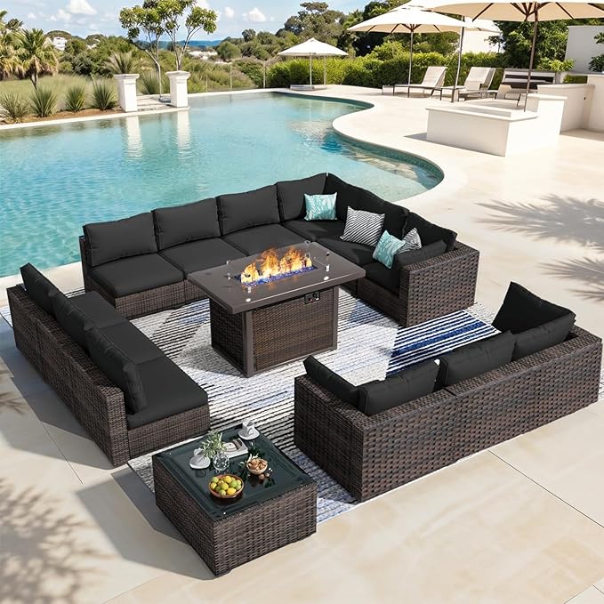14 Pieces Patio Furniture Set with 44" Fire Pit Table, Rattan Outdoor Sectional Conversation Sets, All Weather Outdoor Furniture Set with Cushions for Garden Lawn Balcony Porch Deck Black